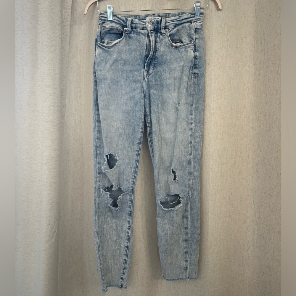 GOOD AMERICAN Good Waist Crop High Rise Distressed Skinny Jeans